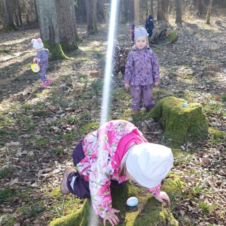 Meža ielokā vairāki bērni piedalās Lieldienu olu medībās. Priekšplānā meitene rozā ziedu jakā un baltā cepurē nometusies uz ceļiem pie sūnām apauguša celma, aplūkojot zilu olu. Fonā redzamas citas meitenes, tostarp viena violetā apģērbā. Attēlā redzams spilgts saules stars.