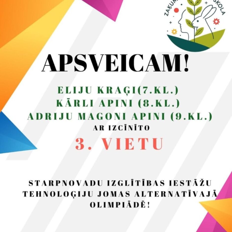 Apsveikums skolēniem par izcīnīto 3. Vietu olimpiādē