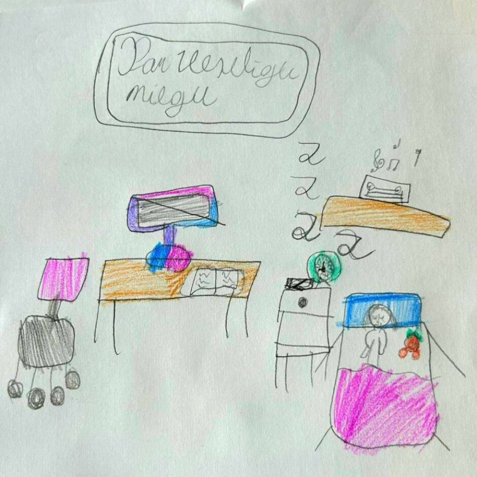 Bērna zīmējums ar rokraksta tekstu 