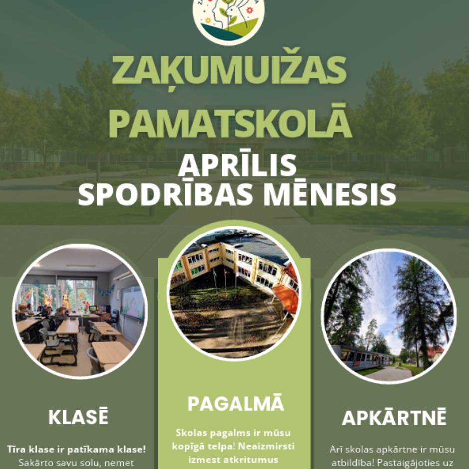 Zaķumuižas Pamatskolas plakāts ar skolas logo, kas paziņo: 