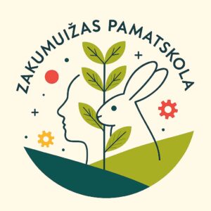 Zakumuižas Pamatskolas logotips. Uz gaiša fona redzams stilizēts cilvēka profils, zaļš augs un trusis, kas paceļas no tumšzaļas pamatnes. Augšpusē puslokā rakstīts "ZAKUMUIŽAS PAMATSKOLA". Attēlu papildina dekoratīvi punkti, krusti un zobrati.