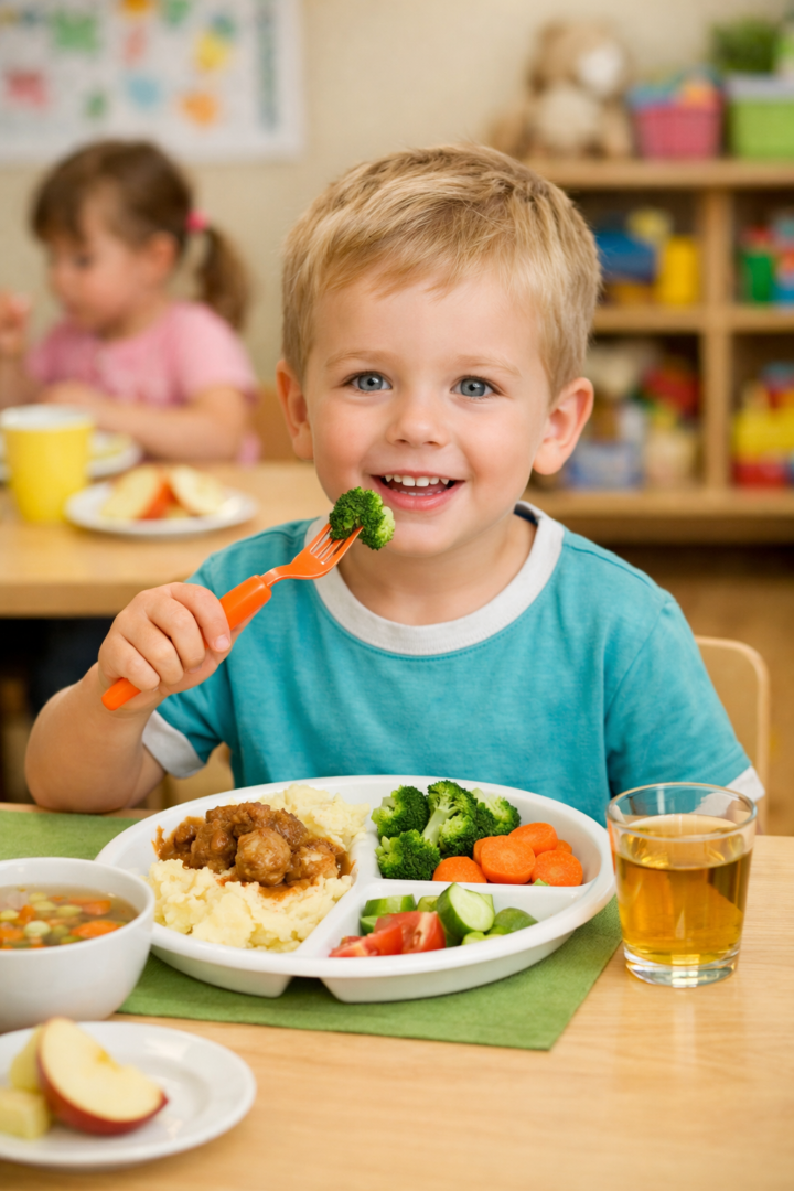 MI ģenerēts attēls ar bērnu, kurš ēd pusdienas