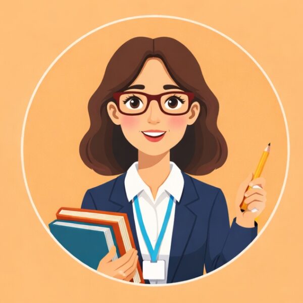 Karikatūras stila smaidīga sieviete ar brillēm, zilā žaketē, turot rokās divas grāmatas un zīmuli. Attēls ģenerēts ar mākslīgo intelektu