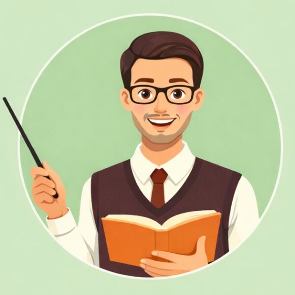 Karikatūras stila smaidīgs vīrietis ar brillēm, brūnā vestē, turot rokās grāmatu un zizli. Attēls ģenerēts ar mākslīgo intelektu