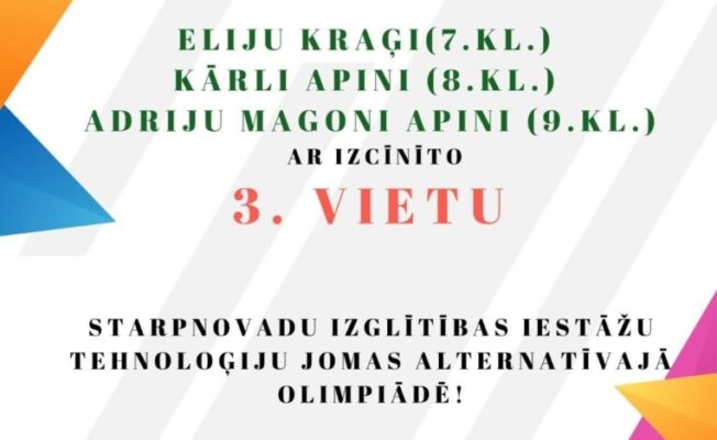 Apsveikums skolēniem par izcīnīto 3. Vietu olimpiādē