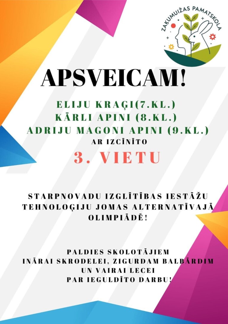 Apsveikums skolēniem par izcīnīto 3. Vietu olimpiādē