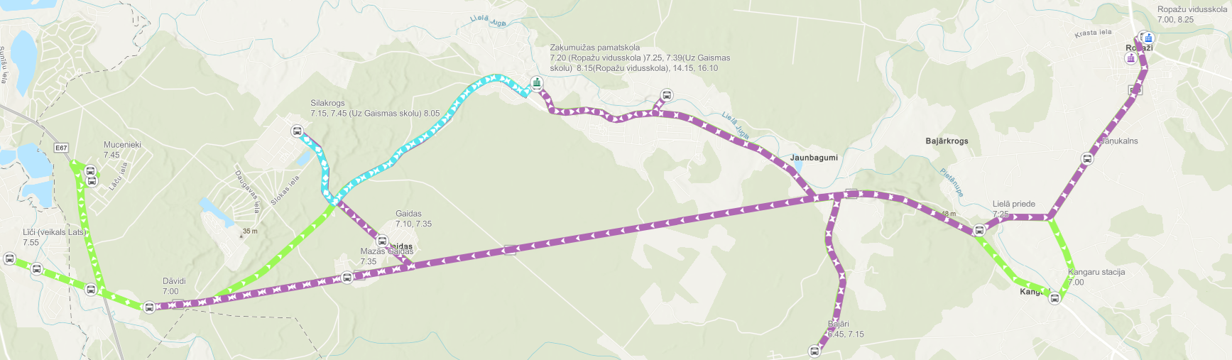 Karte attēlo skolas autobusa maršrutus Ropažu novadā. Redzamas trīs dažādu krāsu līnijas (violeta, zaļa, gaiši zila) ar pieturām un izbraukšanas laikiem. Piemēri: Ropažu vidusskola 7.00, 8.25; Zaķumuižas pamatskola 7.20 (Ropažu vidusskolā), 7.39 (Uz Gaismas skolu), 8.15 (Ropažu vidusskolā), 14.15, 16.10; Mucenieki 7.45; Kangaru stacija 7.00.