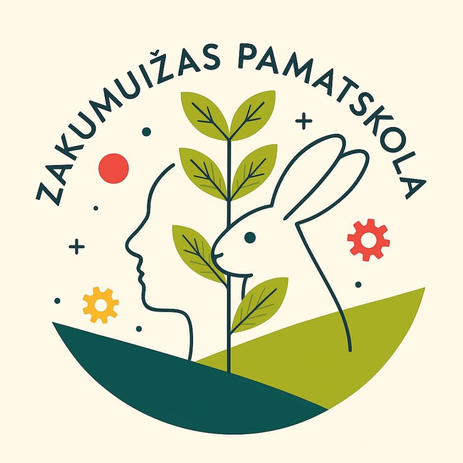 Zakumuižas Pamatskolas logotips. Uz gaiša fona redzams stilizēts cilvēka profils, zaļš augs un trusis, kas paceļas no tumšzaļas pamatnes. Augšpusē puslokā rakstīts 