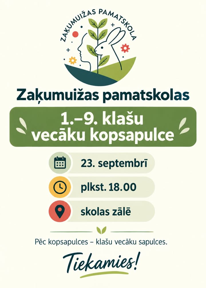 Zākumužas pamatskolas vecāku kopsapulces plakāts. Logo redzams uzraksts 